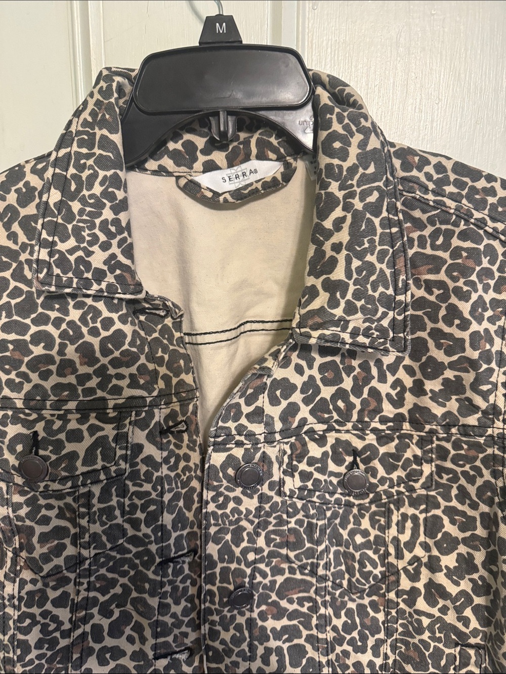 Serra Leopard Print Denim Jacket in Beige and Black - Picture 2 of 3